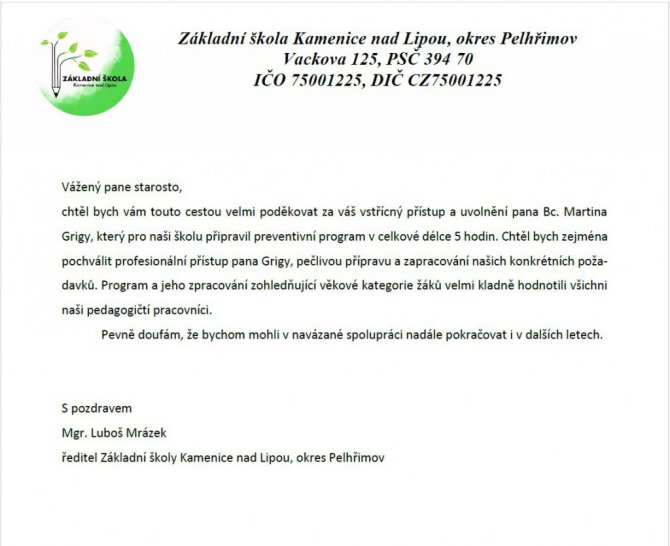 Poděkování ze ZŠ Kamenice nad Lipou